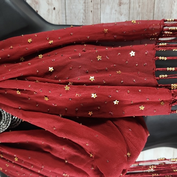 Fashion Scarf, Red with gold hardware and fringes, 70" long. - Picture 4 of 6